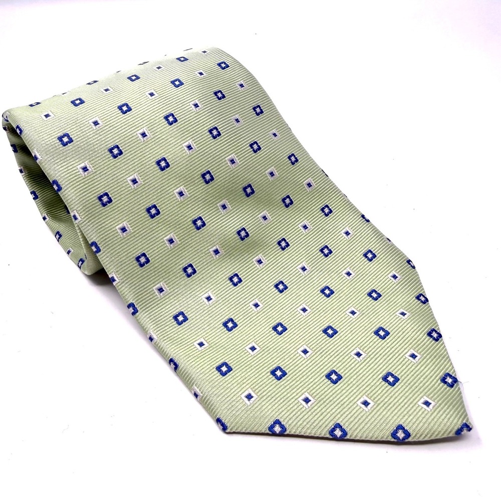 Brooks Brothers 346 Tie Light Green‎ Blue Square Pattern Pure Silk Made in Italy